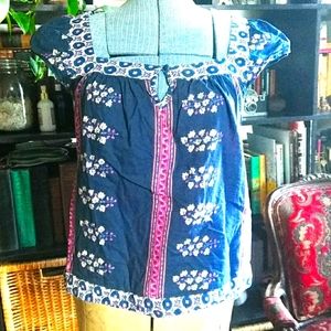 Blue with pink/cream print cap sleeve top, size M